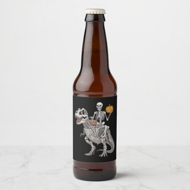 Étiquette Pour Bouteilles De Bière Skeleton équitation maman Dinosaur T rex Halloween (Devant)