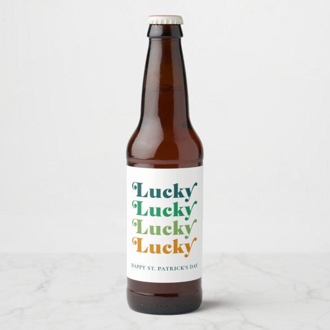 Étiquette Pour Bouteilles De Bière St. Patrick's Day Vert & Orange Lucky (Devant)