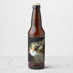Étiquette Pour Bouteilles De Bière Tabby Chat Aux Yeux Verts Isolé Sur Noir