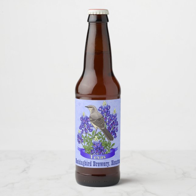 Étiquette Pour Bouteilles De Bière Texas State Mockingbird & Bluebonnet Flower (Devant)