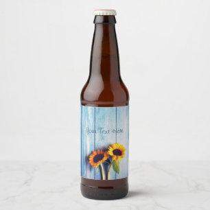 Étiquette Pour Bouteilles De Bière Tournesol sur Mur en Bois Bleu
