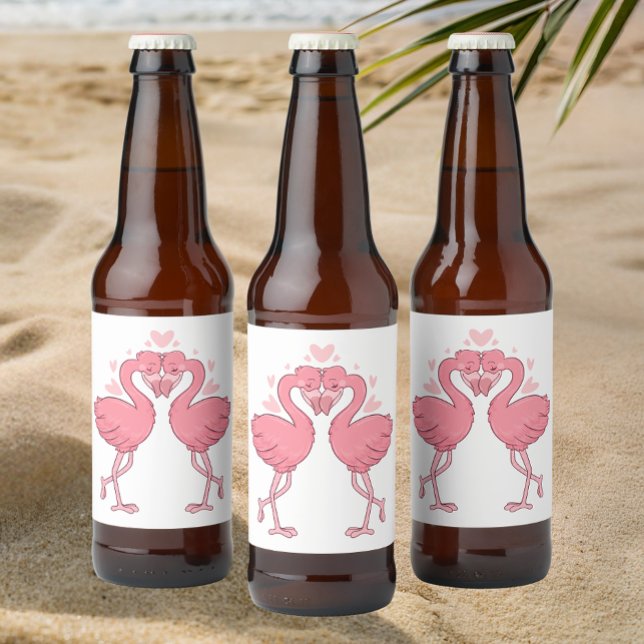 Étiquette Pour Bouteilles De Bière Tropical Flamingos Beach Cute Pink Summer Wedding (Créateur téléchargé)