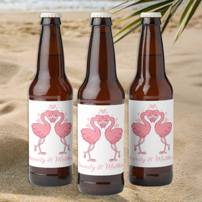 Étiquette Pour Bouteilles De Bière Tropical Pink Flamingos Summer Beach Wedding (Créateur téléchargé)