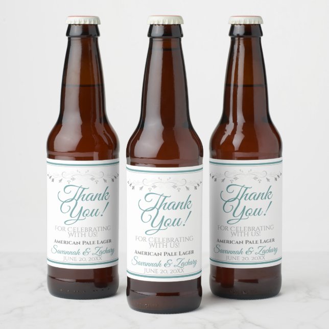 Étiquette Pour Bouteilles De Bière Turquoise & gris Simple Elégant Merci de mariage (Bouteilles)