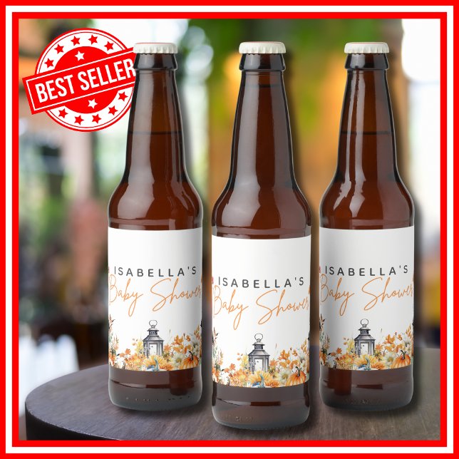 Étiquette Pour Bouteilles De Bière Un Petit Citrouille Automne Baby shower Floral Aut (A Little Pumpkin is on the Way Fall Autumn Floral Baby Shower Beer Bottle Labels )