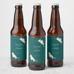 Étiquette Pour Bouteilles De Bière Vert foncé avec Mariage Rose crème