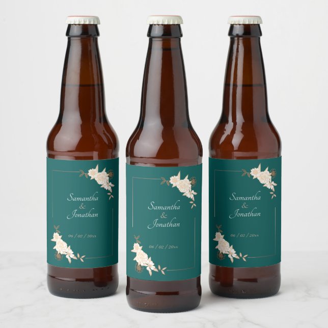 Étiquette Pour Bouteilles De Bière Vert foncé avec Mariage Rose crème (Bouteilles)