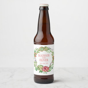 Étiquette Pour Bouteilles De Bière Vintage Floral Vert & Rose Succulent   MARIAGE