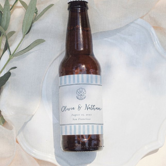 Étiquette Pour Bouteilles De Bière Whimsical Minimal Retro Blue Stripes Wedding (Créateur téléchargé)