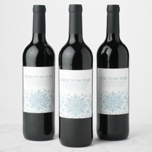 Étiquette Pour Bouteilles De Vin 100e anniversaire minimaliste Blue Snowflake perso