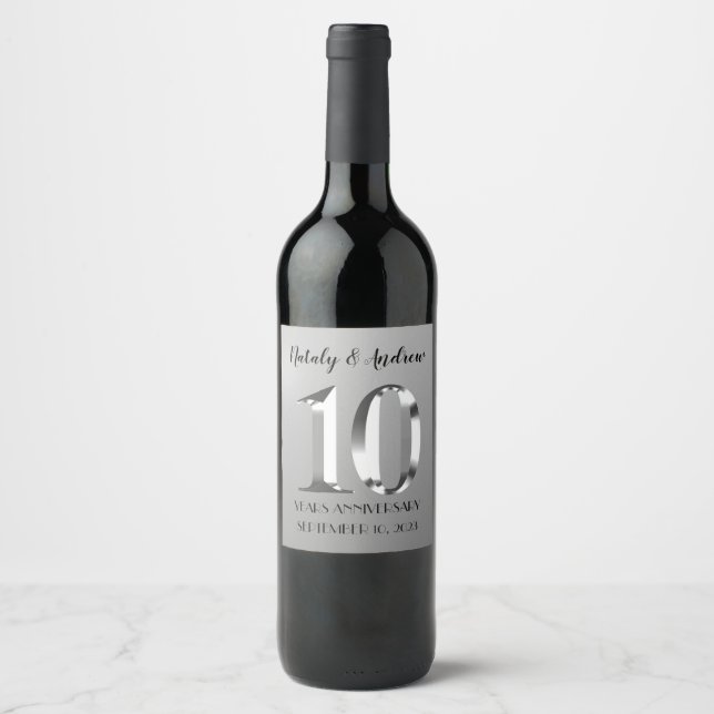 Étiquette Pour Bouteilles De Vin 10e anniversaire Mariage d'argent métallique (Devant)