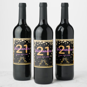 Étiquette Pour Bouteilles De Vin 21e anniversaire fête noir diamants or nom