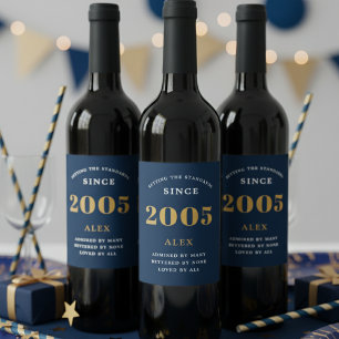 Étiquette Pour Bouteilles De Vin 21e anniversaire Nom 2005 Blue Gold Elegant Chic