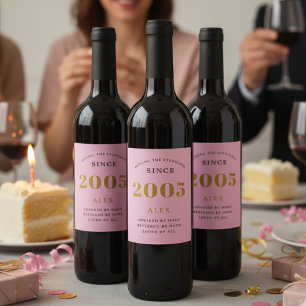 Étiquette Pour Bouteilles De Vin 21e anniversaire Nom 2005 Pink Gold Elegant Chic