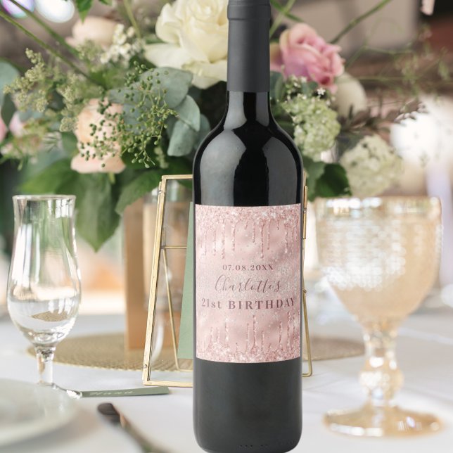 Étiquette Pour Bouteilles De Vin 21e anniversaire rose or nom parties scintillant (Créateur téléchargé)