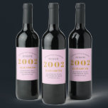 Étiquette Pour Bouteilles De Vin 21st Birthday Born 2002 Ajouter le nom Pink Grey<br><div class="desc">Anniversaire personnalisé ajoutez votre nom et étiquette de vin de l'année. Modifiez le nom et l'année avec le modèle fourni. Un merveilleux article de fête d'anniversaire rose personnalisé. Plus de cadeaux et de fournitures de fête disponibles avec le design "de normes de fixation" dans le magasin.</div>