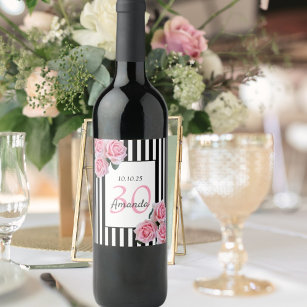 Étiquette Pour Bouteilles De Vin 30e anniversaire fleurs roses noir blanc rayures