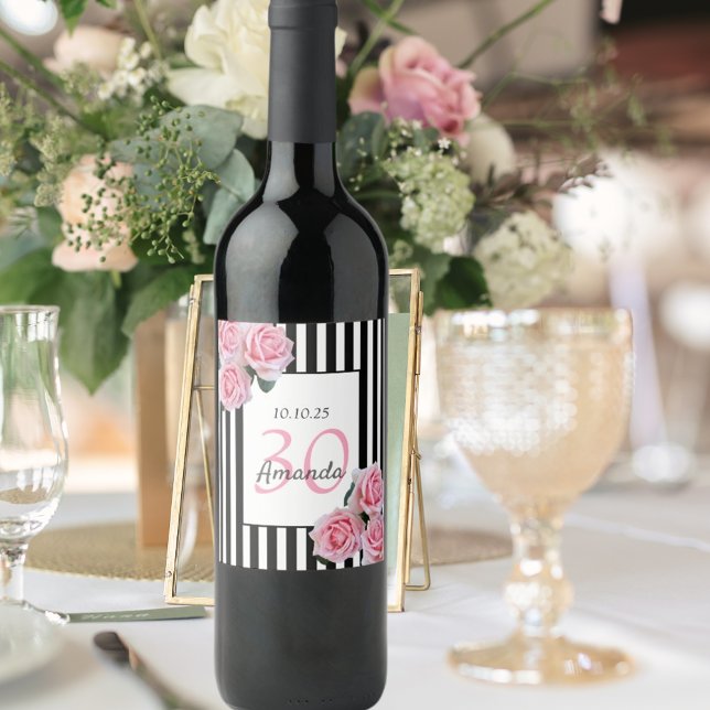 Étiquette Pour Bouteilles De Vin 30e anniversaire fleurs roses noir blanc rayures (Créateur téléchargé)