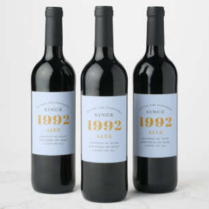 Étiquette Pour Bouteilles De Vin 30e anniversaire Nom 1992 Blue Grey Elegant Chic