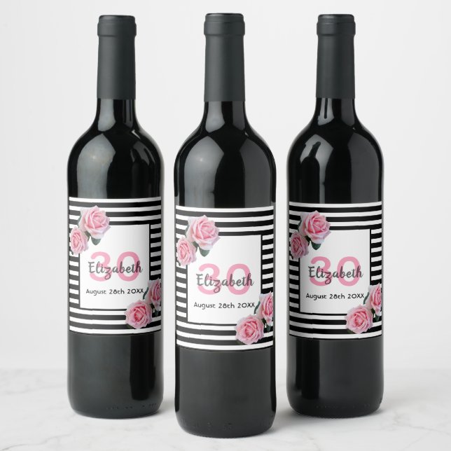 Étiquette Pour Bouteilles De Vin 30e anniversaire rose roses noir blanc rayures (Bouteilles)