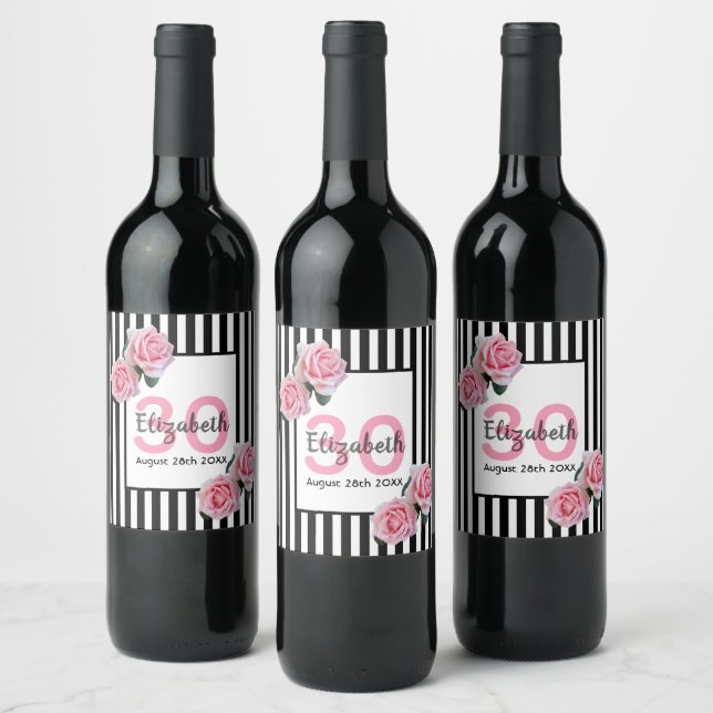 Étiquette Pour Bouteilles De Vin 30e anniversaire rose roses noir blanc rayures (Bouteilles)