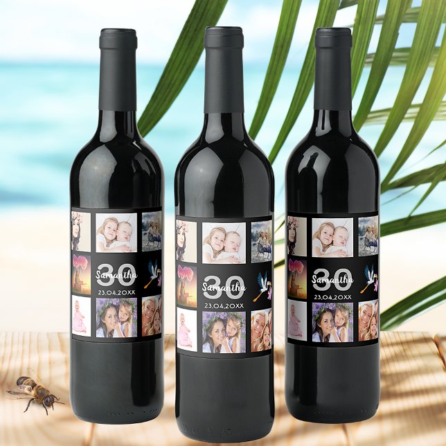 Étiquette Pour Bouteilles De Vin 30th birthday party photo collage black (Créateur téléchargé)