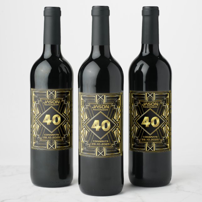 Étiquette Pour Bouteilles De Vin 40e anniversaire Art Déco Gold Black Great Gatsby (Bouteilles)