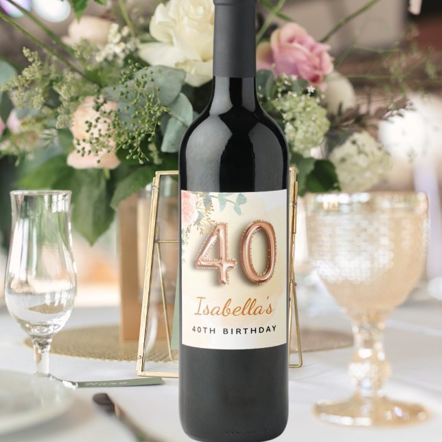 Étiquette Pour Bouteilles De Vin 40e anniversaire floral rose or eucalyptus monogra (Créateur téléchargé)
