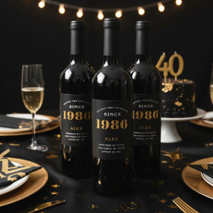 Étiquette Pour Bouteilles De Vin 40e anniversaire Nom 1984 Black Gold Elegant Chic