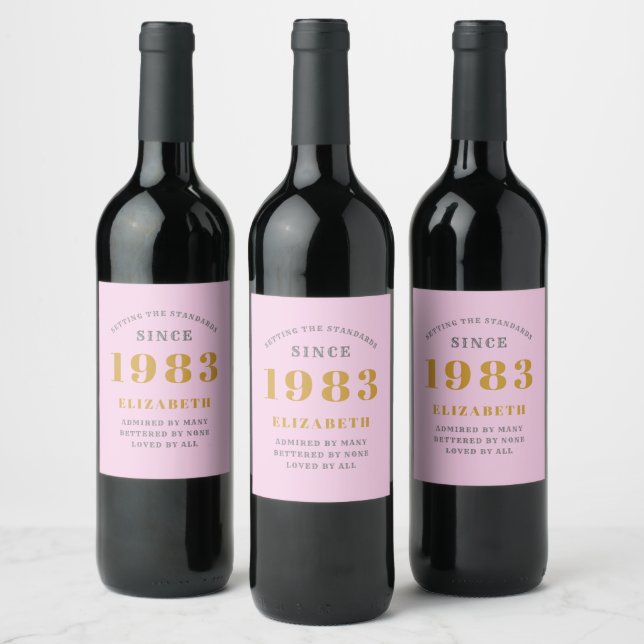 Étiquette Pour Bouteilles De Vin 40th Birthday Born 1983 Ajouter Nom Rose Grey (Bouteilles)
