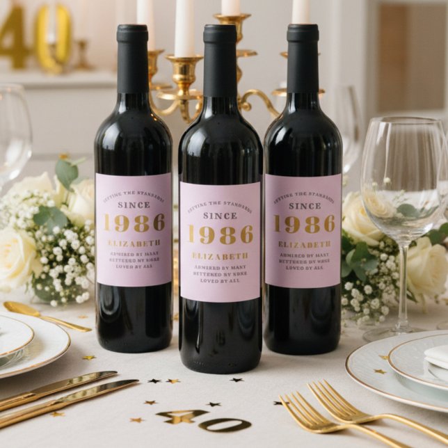 Étiquette Pour Bouteilles De Vin 40th Birthday Born 1986 Ajouter Nom Rose Grey (Pink wine bottle labels on red wine bottles.)