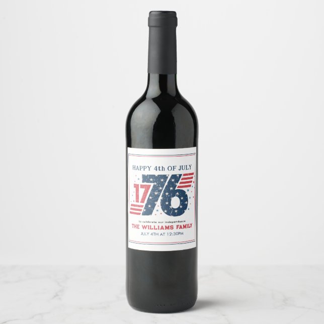 Étiquette Pour Bouteilles De Vin 4 juillet 1776 Fête de l'Indépendance (Devant)
