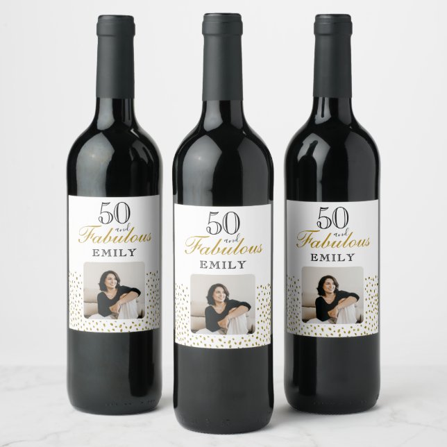 Étiquette Pour Bouteilles De Vin 50 and Fabulous Gold Glitter Photo 50th Birthday (Bouteilles)