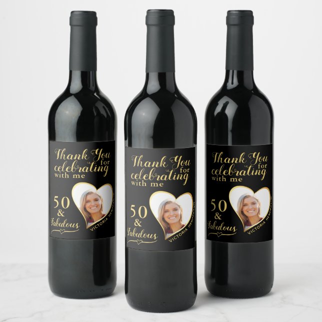 Étiquette Pour Bouteilles De Vin 50 et Fabulous Photo Black and Gold Birthday (Bouteilles)