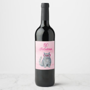 Étiquette Pour Bouteilles De Vin 50 & Fabulous Chat, rose et gris, 50e anniversaire