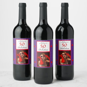 Étiquette Pour Bouteilles De Vin 50 & Fabulous Photo Name Red 50th Birthday Purple
