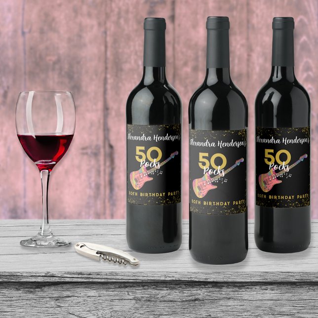 Étiquette Pour Bouteilles De Vin 50 Rocks Rose Black Gold 50e fête d'anniversaire (50 Rocks pink black and gold glitter rock and roll 50th birthday party personalized wine labels)