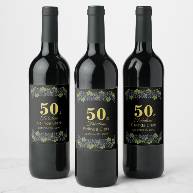 Étiquette Pour Bouteilles De Vin 50e anniversaire avec des raisins violets sur noir (Bouteilles)