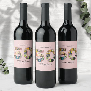 Étiquette Pour Bouteilles De Vin 50e anniversaire de fête Photo Collage Dusty Blush