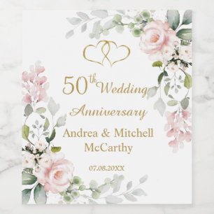 Étiquette Pour Bouteilles De Vin 50e anniversaire de Mariage Coeurs Rose
