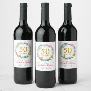 Étiquette Pour Bouteilles De Vin 50e anniversaire du Mariage couronne de fleurs dor