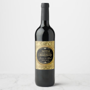 Étiquette Pour Bouteilles De Vin 50e anniversaire du Mariage Damas noir et or 2