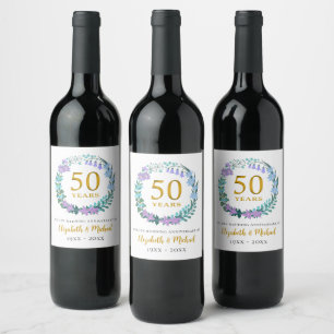 Étiquette Pour Bouteilles De Vin 50e anniversaire du Mariage Golden Bluebells Wreat