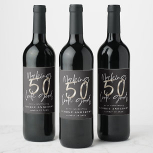 Étiquette Pour Bouteilles De Vin 50e anniversaire noir argent moderne élégant
