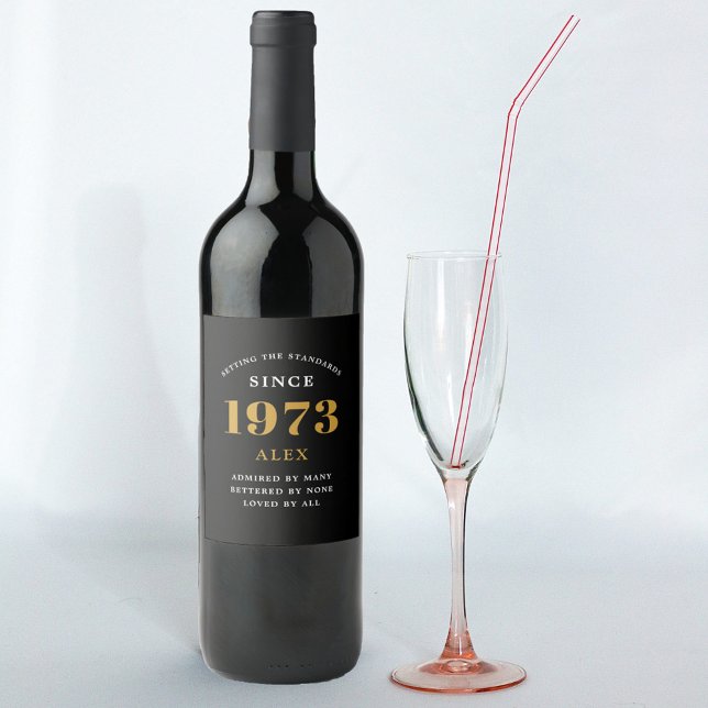 Étiquette Pour Bouteilles De Vin 50e anniversaire Nom 1973 Black Gold Elegant (Créateur téléchargé)