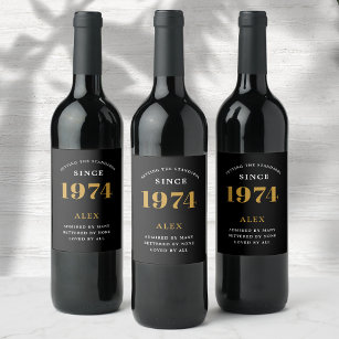 Étiquette Pour Bouteilles De Vin 50e anniversaire Nom 1974 Black Gold Elegant Chic