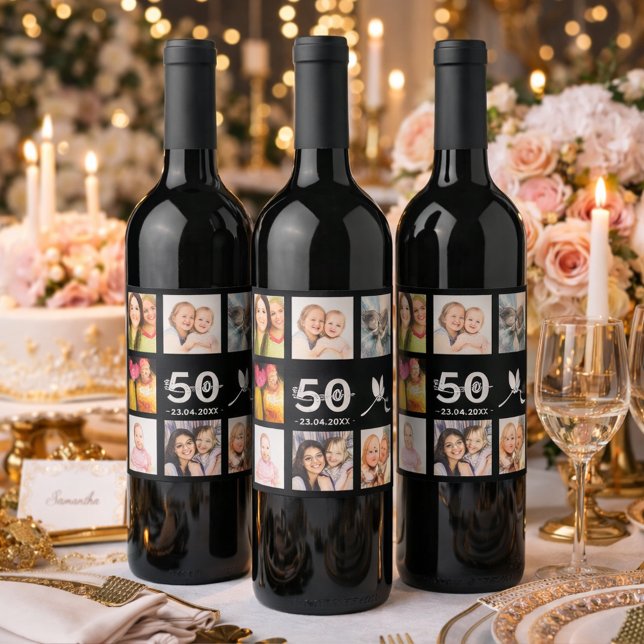 Étiquette Pour Bouteilles De Vin 50e anniversaire photo collage noir (Créateur téléchargé)