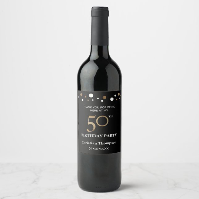 Étiquette Pour Bouteilles De Vin 50e anniversaire, thème or et noir, merci (Devant)