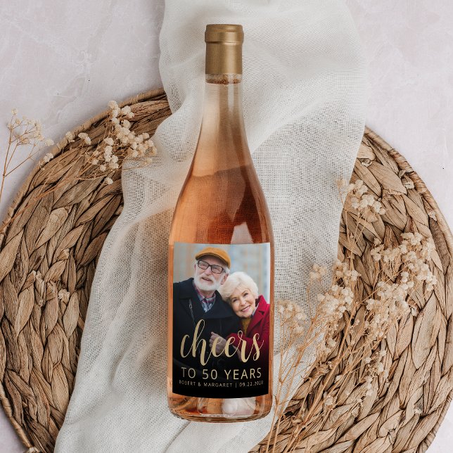 Étiquette Pour Bouteilles De Vin 50th Anniversary Party Photo Cheers Gold Script (Créateur téléchargé)