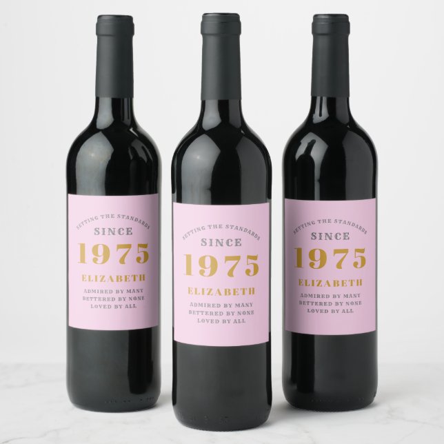 Étiquette Pour Bouteilles De Vin 50th Birthday Born 1975 Ajouter Nom Rose Grey (Bouteilles)